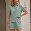 Green FJØRNA women's two-piece co-ord set with button front top and matching lightweight pants, stylish and comfortable.