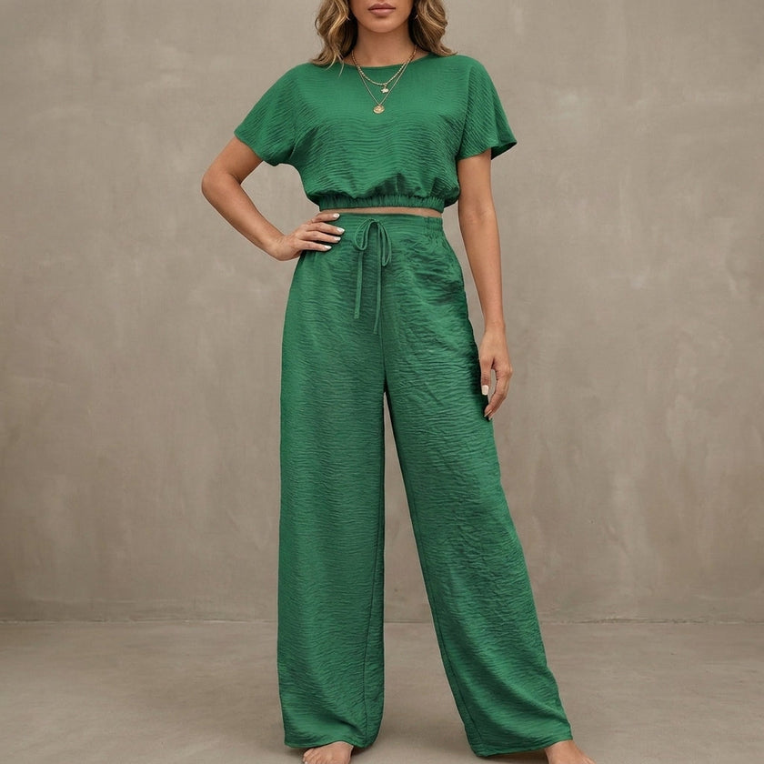 Green FJØRNA women's summer two-piece drawstring co-ord set, lightweight and matching for casual wear.