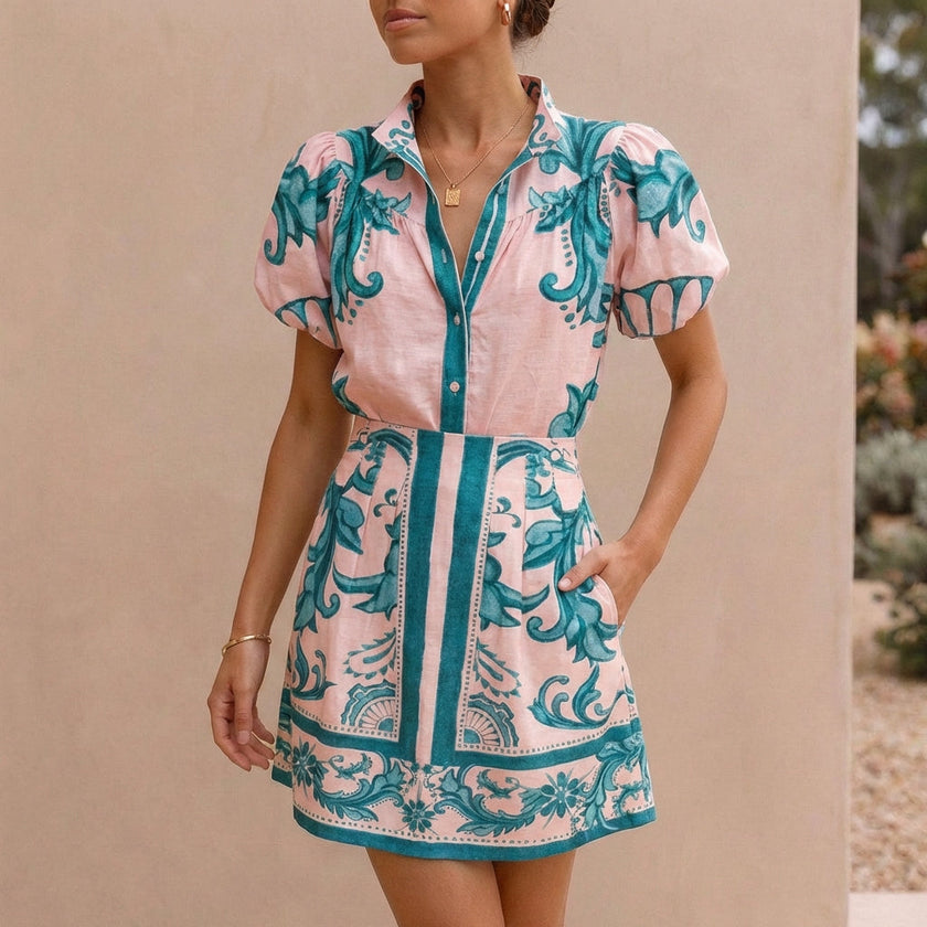 Green linen floral two-piece set for women by FJØRNA, featuring a stylish coordinated outfit with a floral pattern.