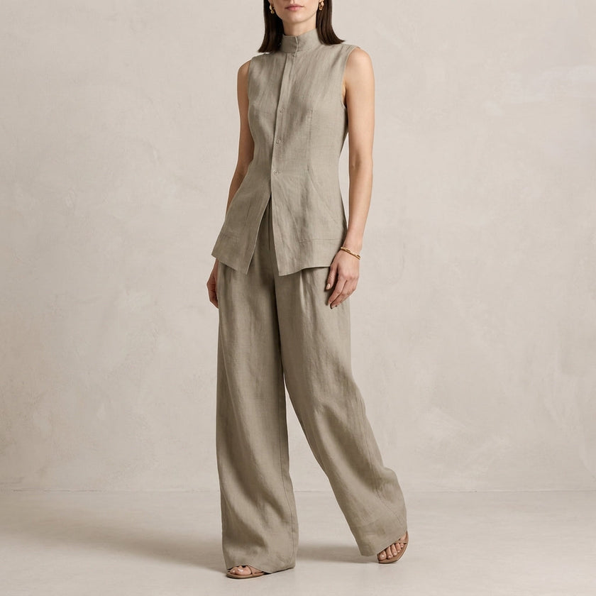 Grey FJØRNA women's two-piece co-ord set with an asymmetric high neck, stylish and elegant for modern fashion.