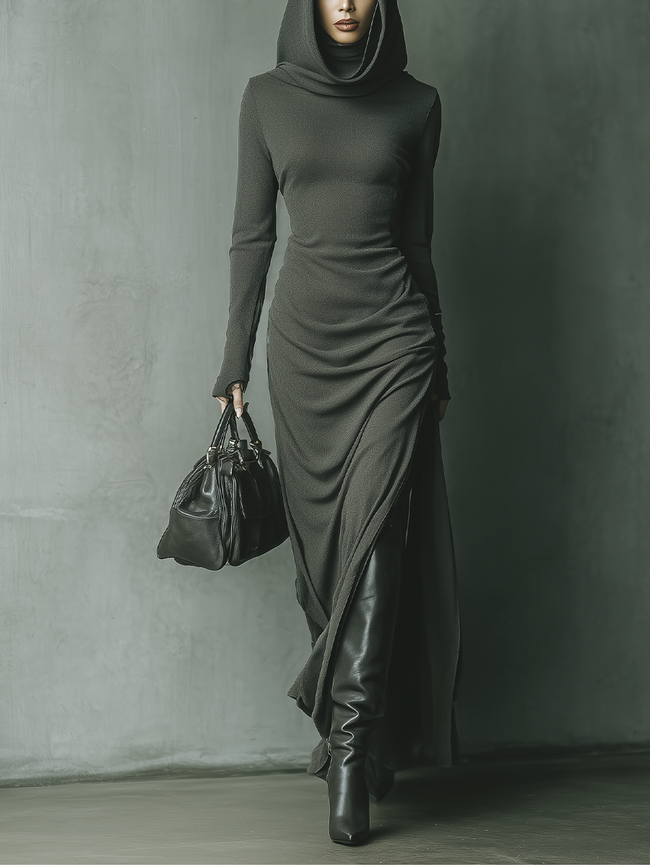 Grey knit hooded maxi dress for women by FJØRNA, featuring a relaxed fit, long sleeves, and a cozy hood.