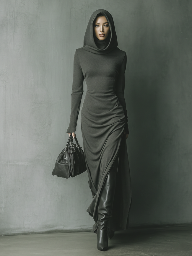 Grey knit hooded maxi dress for women by FJØRNA, featuring a cozy hood, long sleeves, and a flowing length.