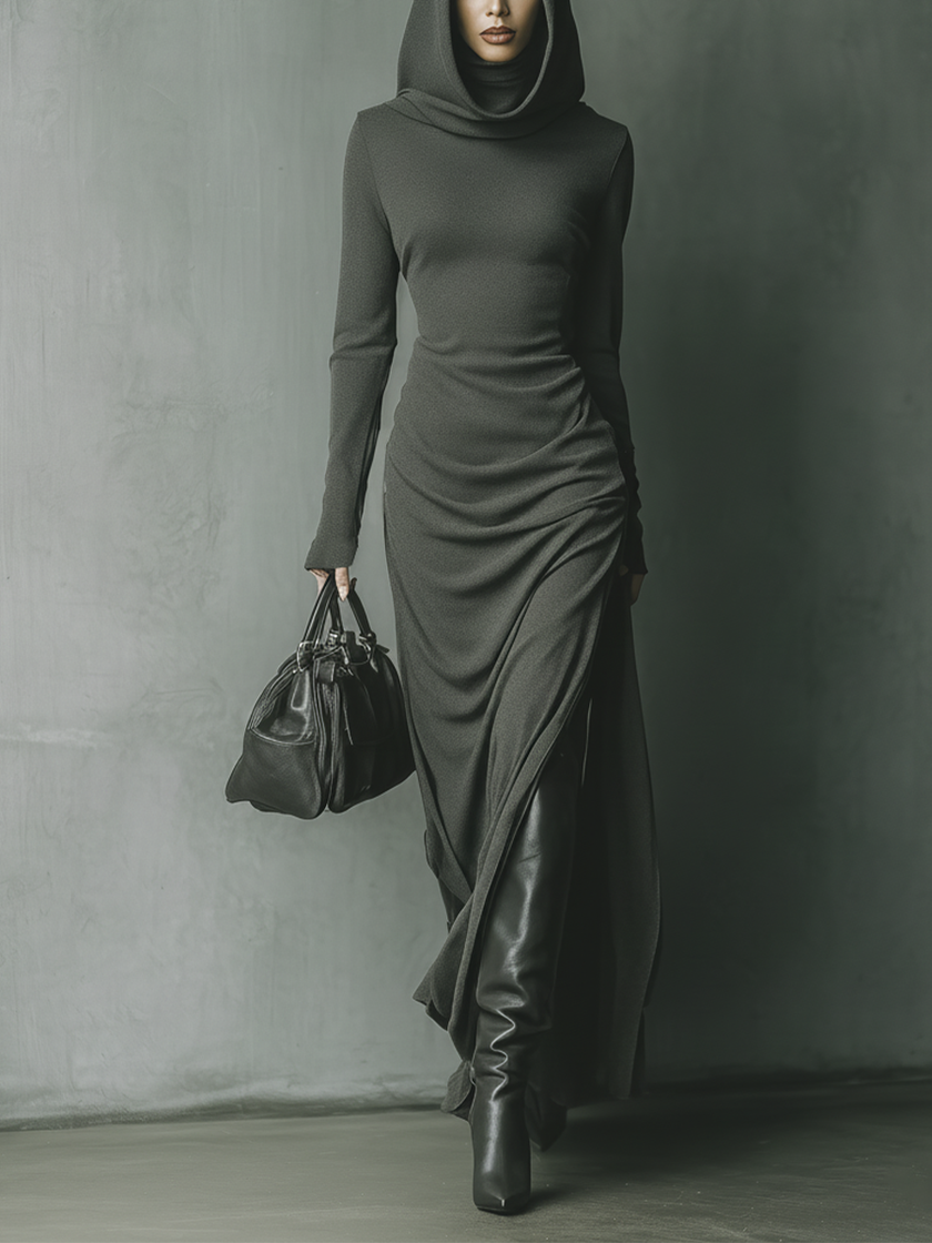 Grey knit hooded maxi dress for women by FJØRNA, featuring a cozy hood and flowing length, perfect for casual wear.