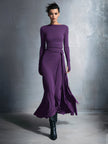 FJØRNA grey knit wrap maxi dress for women, featuring long sleeves, a V-neckline, and a flowing, elegant design.