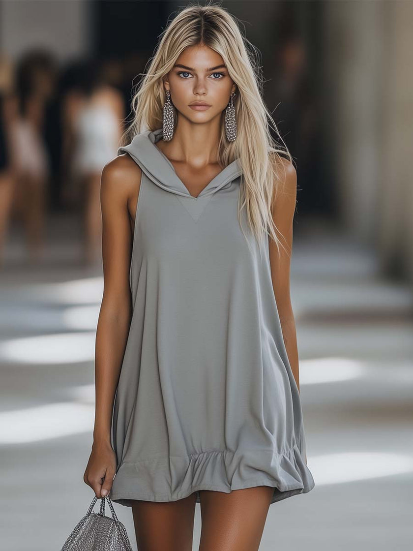 Grey FJØRNA sleeveless mini dress with a casual style, featuring a fitted bodice and a flared skirt, perfect for everyday wear.