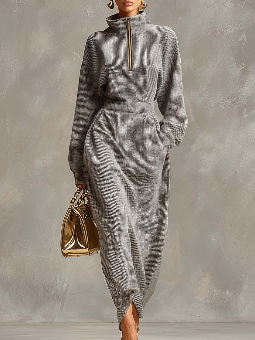 Grey waffle long sleeve maxi dress by FJØRNA, casual dress with a relaxed fit and comfortable fabric, shown on a model.