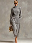 Grey waffle long sleeve maxi dress by FJØRNA, casual dress with a relaxed fit and soft fabric, visible in the image.