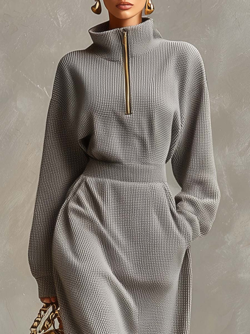 Grey waffle long sleeve maxi dress by FJØRNA, casual dress with a relaxed fit and flowing silhouette, perfect for everyday wear.