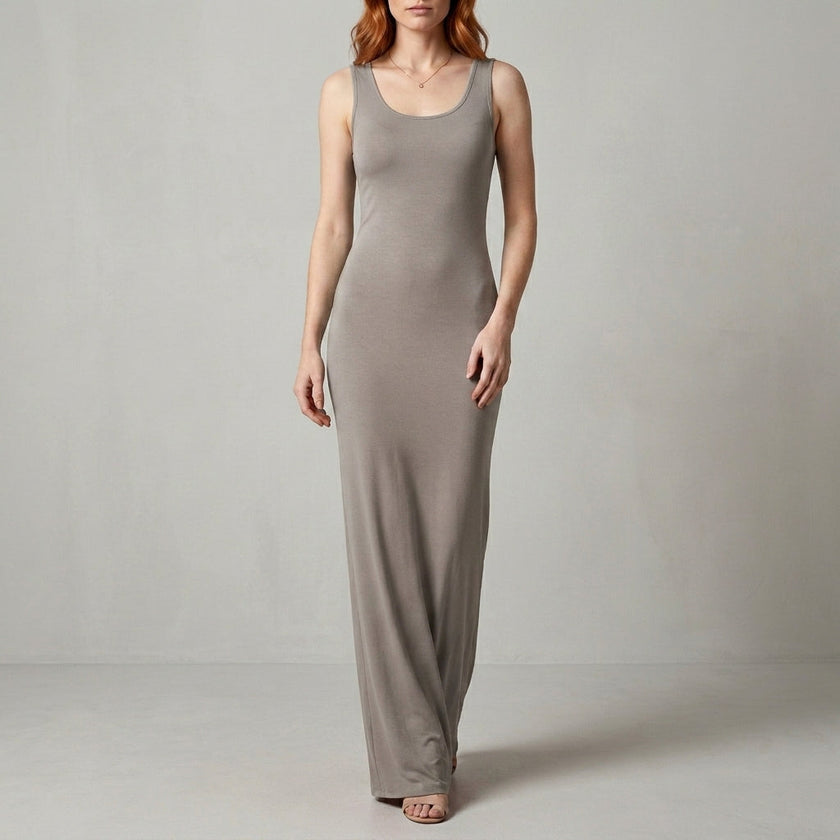 Grey FJØRNA women's sleeveless maxi dress with a scoop neck, elegant and flowy for stylish summer or evening wear.