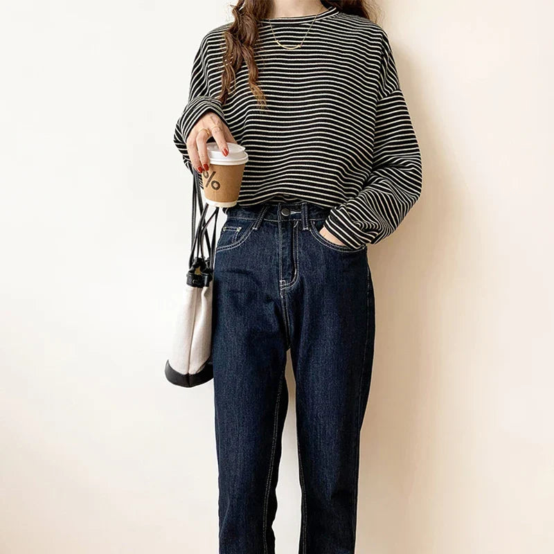 Cotton Button-Up Shirt Women Striped Long Sleeve