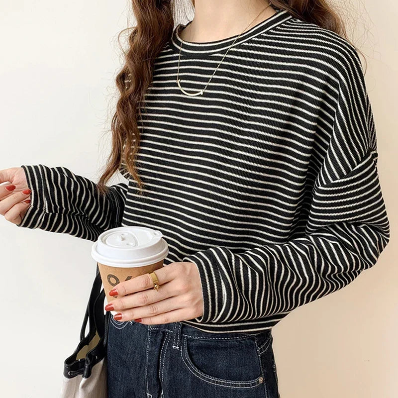 Cotton Button-Up Shirt Women Striped Long Sleeve