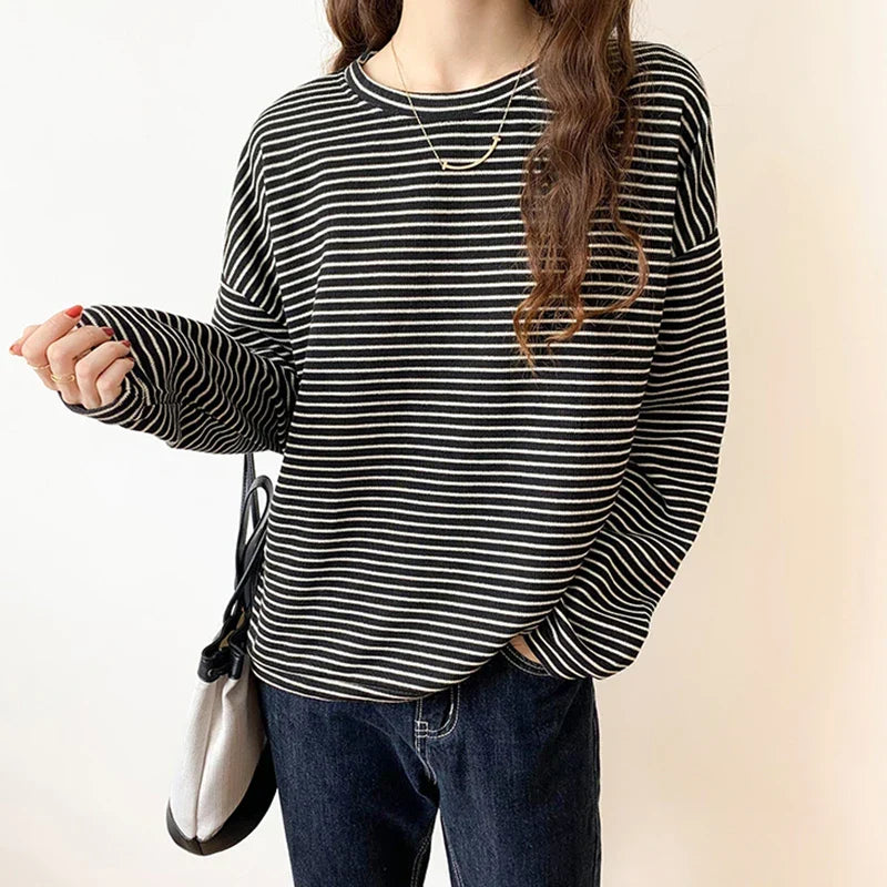 Cotton Button-Up Shirt Women Striped Long Sleeve