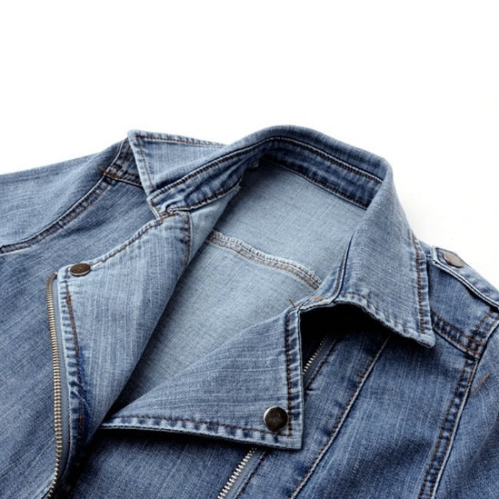 Denim Moto Jacket Women Fitted Zip Front Cropped Cotton