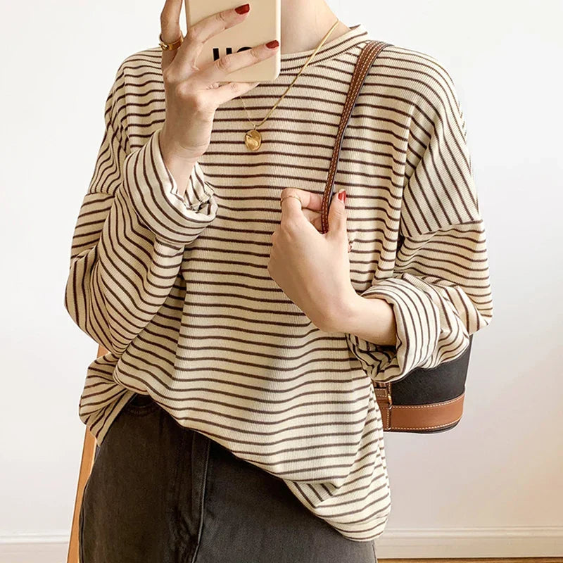 Cotton Button-Up Shirt Women Striped Long Sleeve