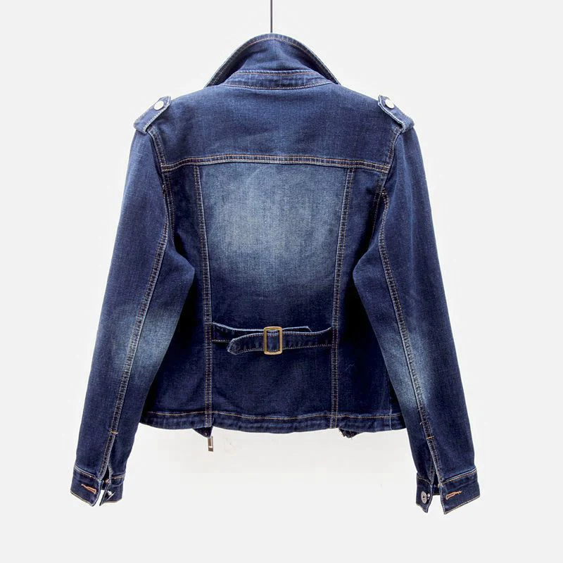 Denim Moto Jacket Women Fitted Zip Front Cropped Cotton