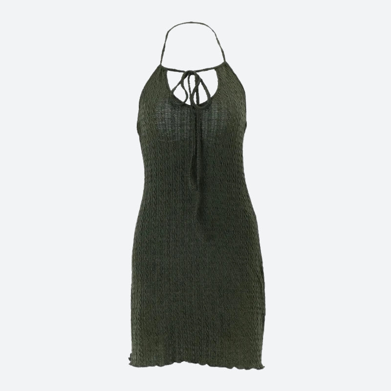 FJØRNA halter neck knitted mini dress for women, stylish party and day wear, featuring a fitted design and sleeveless style.