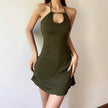 FJØRNA women's halter neck knitted mini dress, suitable for party and day wear, featuring a stylish halter neckline and cozy knit fabric.