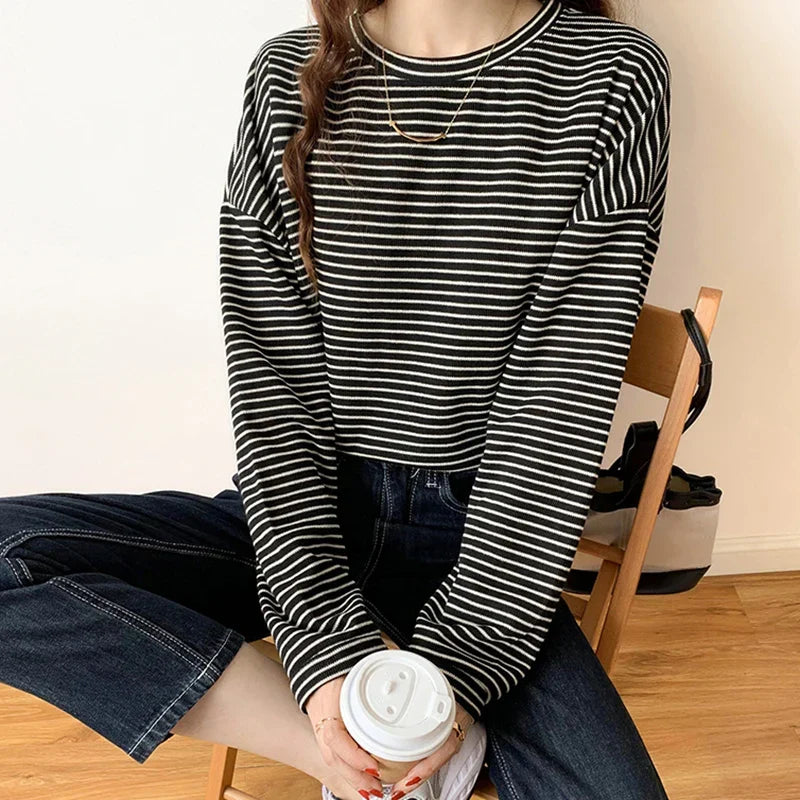Cotton Button-Up Shirt Women Striped Long Sleeve