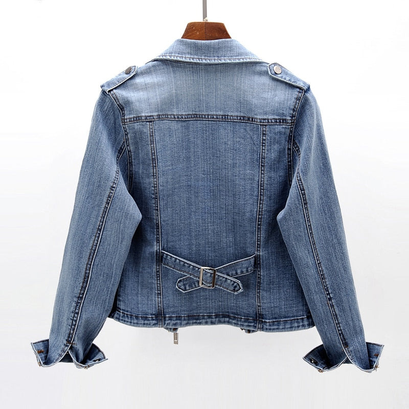 Denim Moto Jacket Women Fitted Zip Front Cropped Cotton