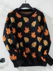 Knit Sweater Women Jacquard Leaf Motif Ribbed Autumn