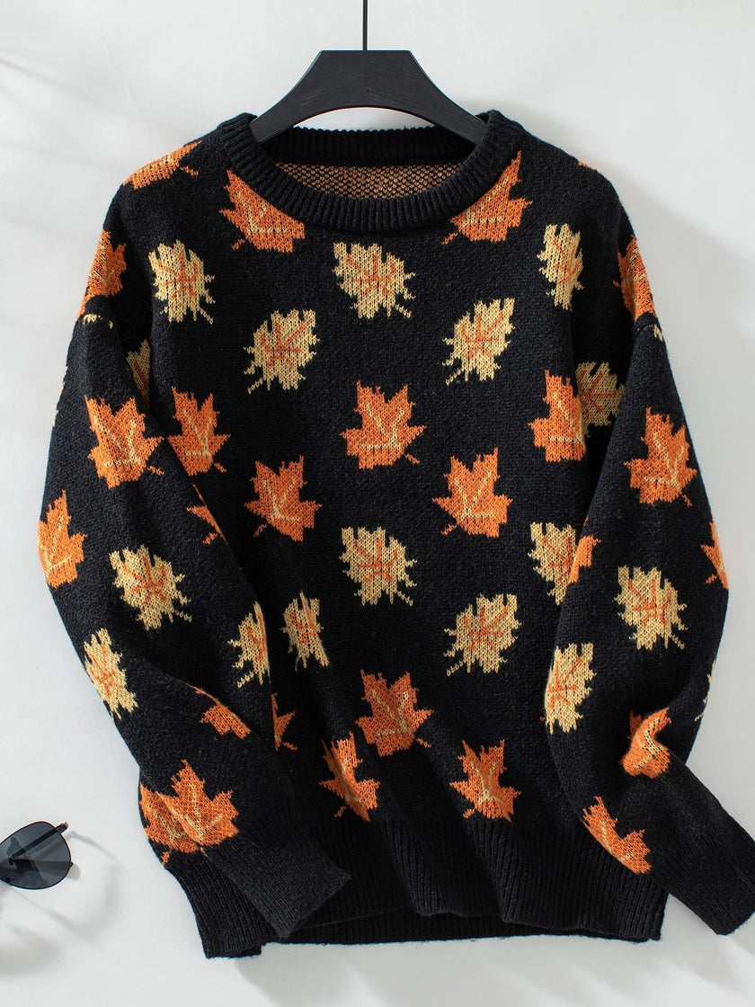 Knit Sweater Women Jacquard Leaf Motif Ribbed Autumn