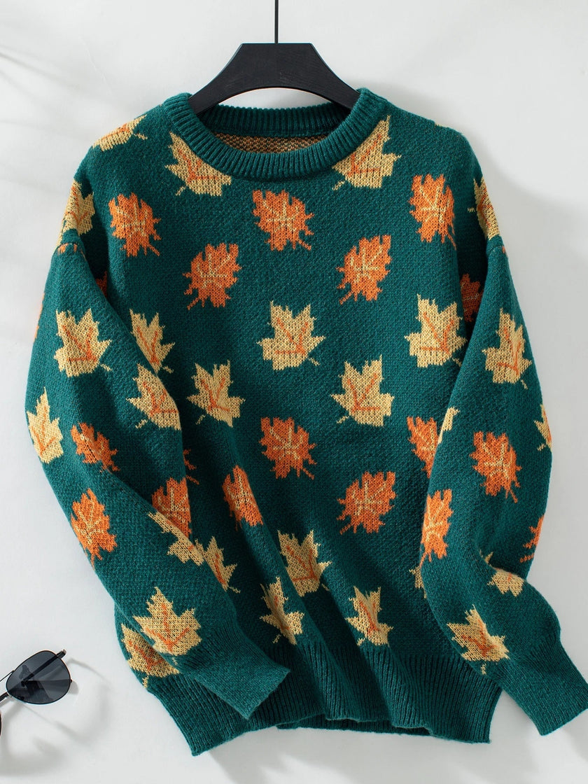 Knit Sweater Women Jacquard Leaf Motif Ribbed Autumn
