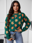 Knit Sweater Women Jacquard Leaf Motif Ribbed Autumn