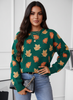 Knit Sweater Women Jacquard Leaf Motif Ribbed Autumn