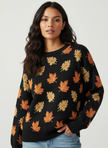 Knit Sweater Women Jacquard Leaf Motif Ribbed Autumn