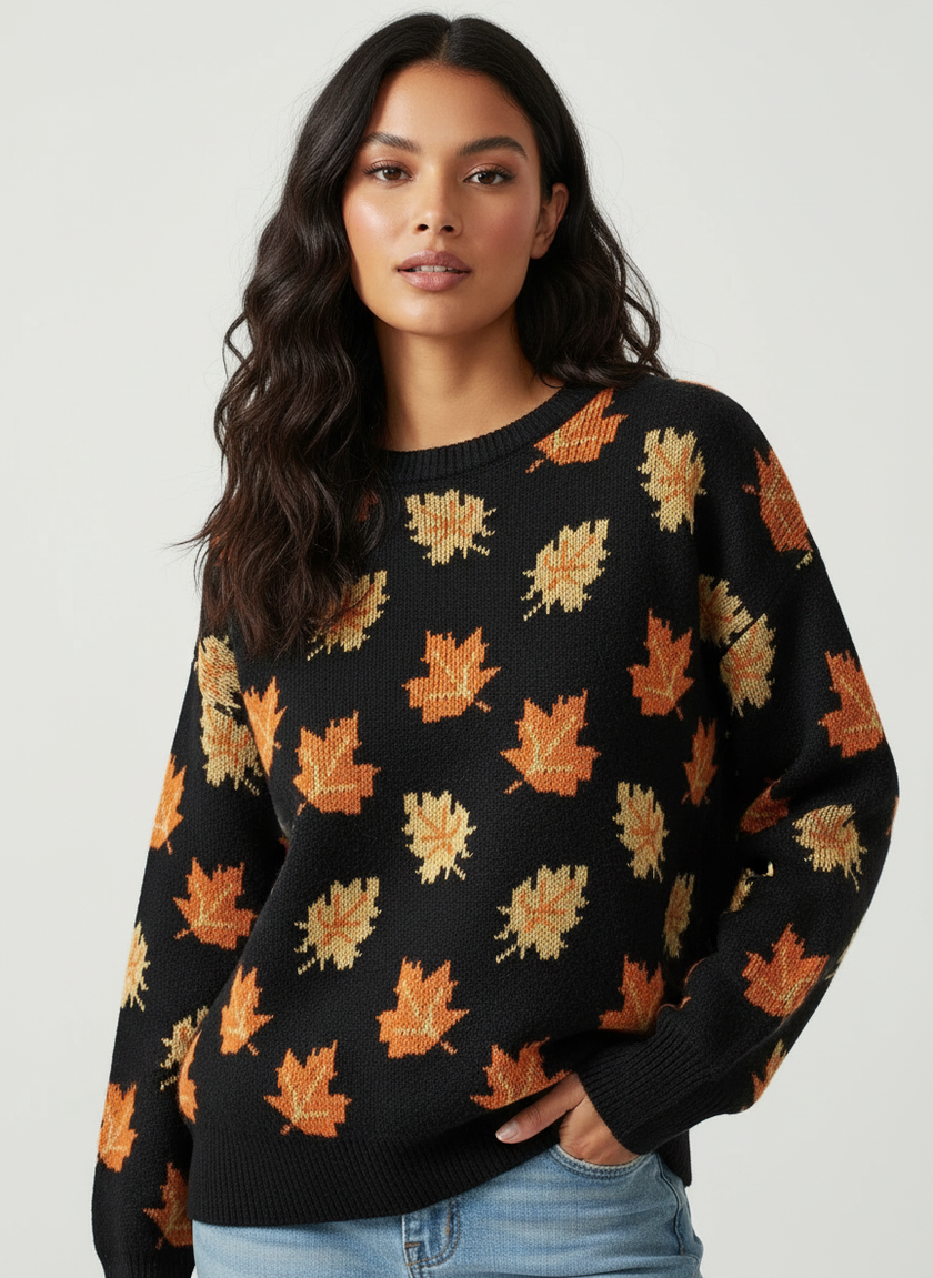 Knit Sweater Women Jacquard Leaf Motif Ribbed Autumn