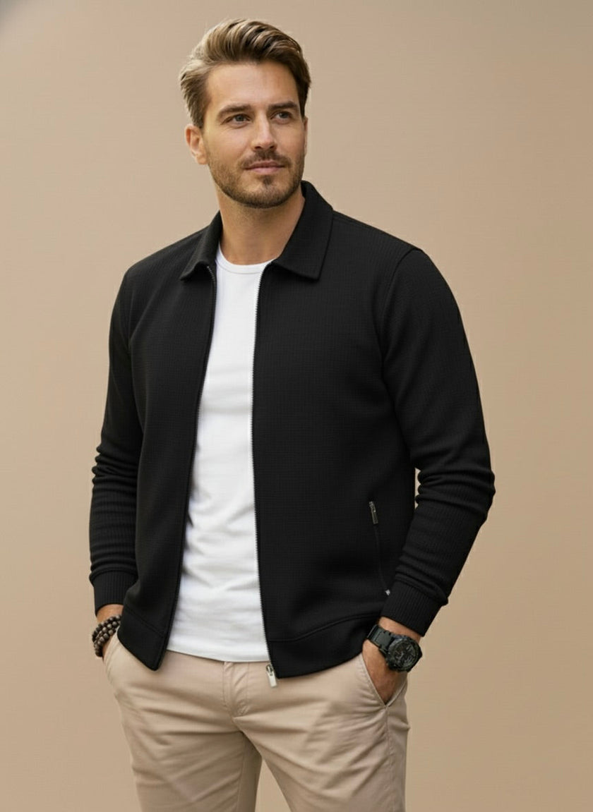 Knit Jacket Men Zip Front Classic Collar Ribbed Cuffs