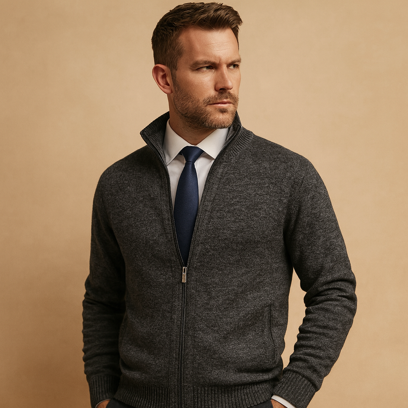 Knit Jacket Men Textured Full-Zip Ribbed Collar Regular Fit