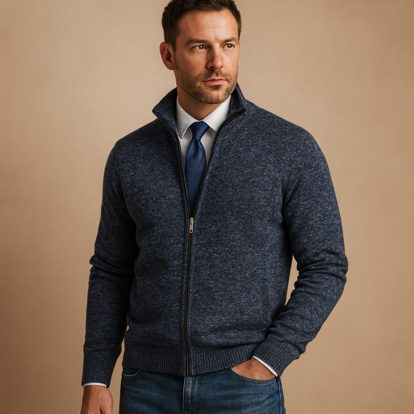 Knit Jacket Men Textured Full-Zip Ribbed Collar Regular Fit