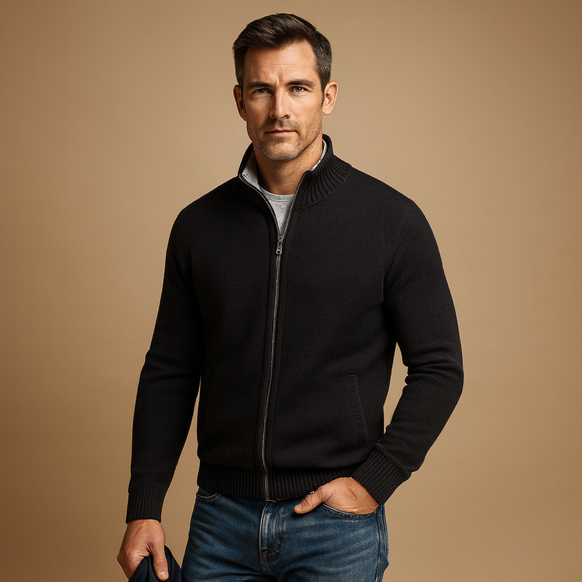 Knit Jacket Men Textured Full-Zip Ribbed Collar Regular Fit