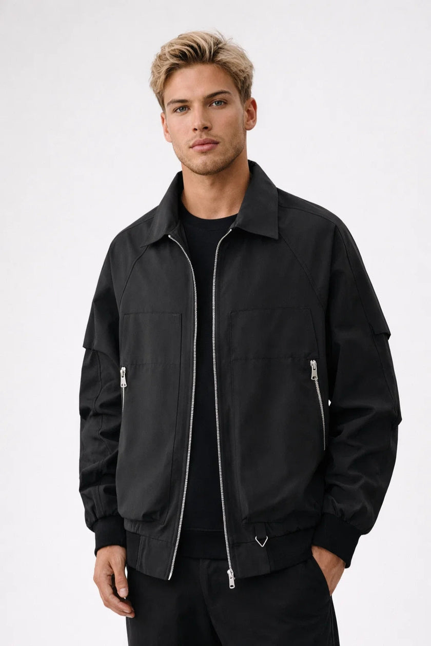 Bomber Jacket Men Zip Front Shirt Collar Ribbed Hem