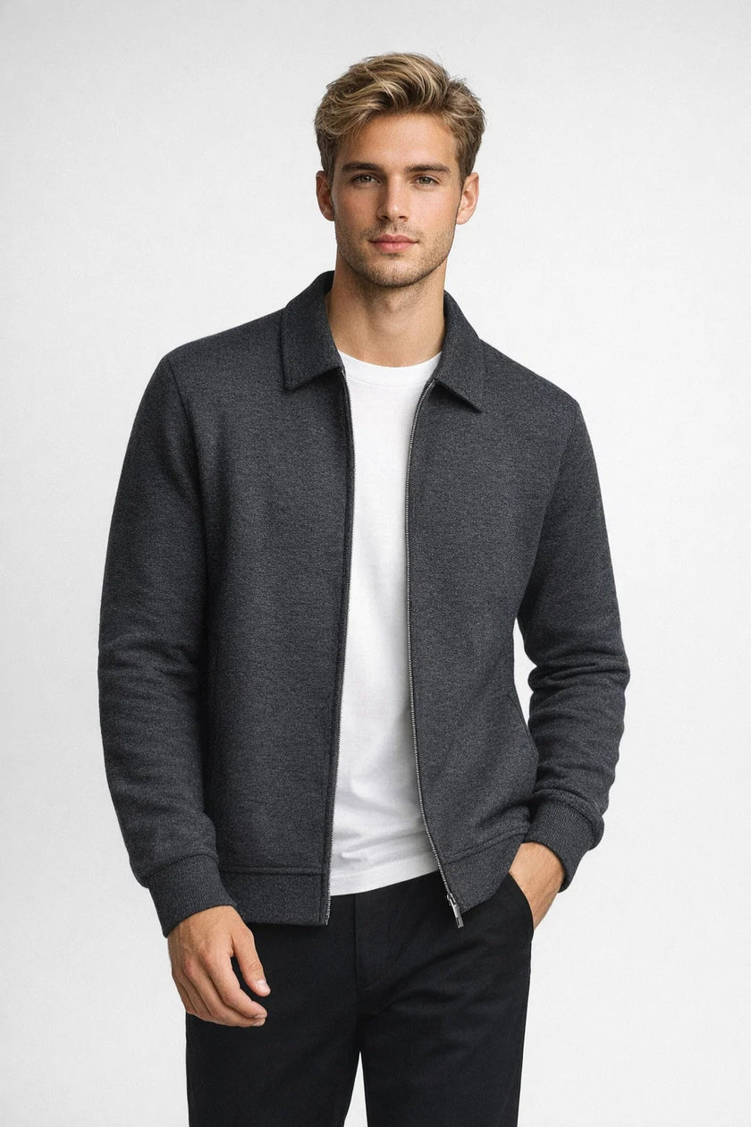 Zip Jacket Men Shirt Collar Ribbed Hem Regular Fit