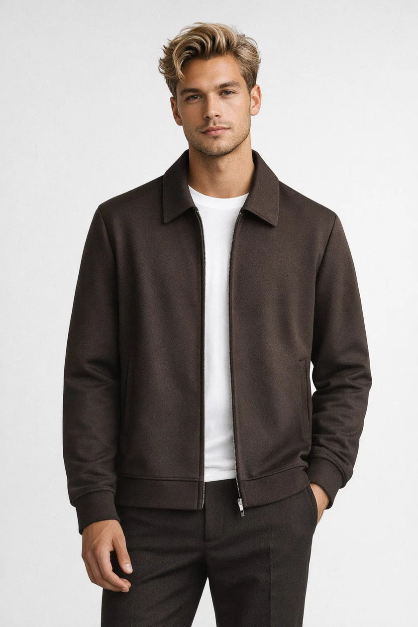 Zip Jacket Men Shirt Collar Ribbed Hem Regular Fit