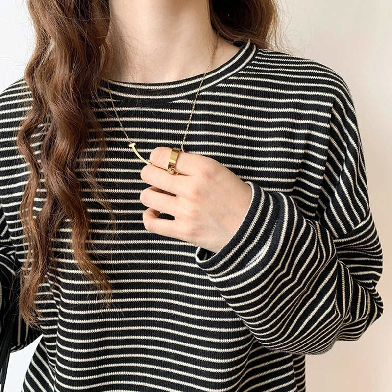 Cotton Button-Up Shirt Women Striped Long Sleeve