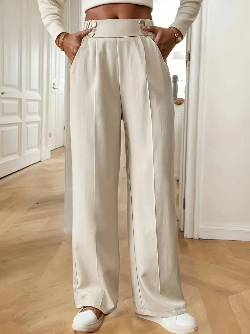 Tailored Trousers Women High Waist Button Detail Straight Leg