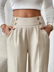 Tailored Trousers Women High Waist Button Detail Straight Leg