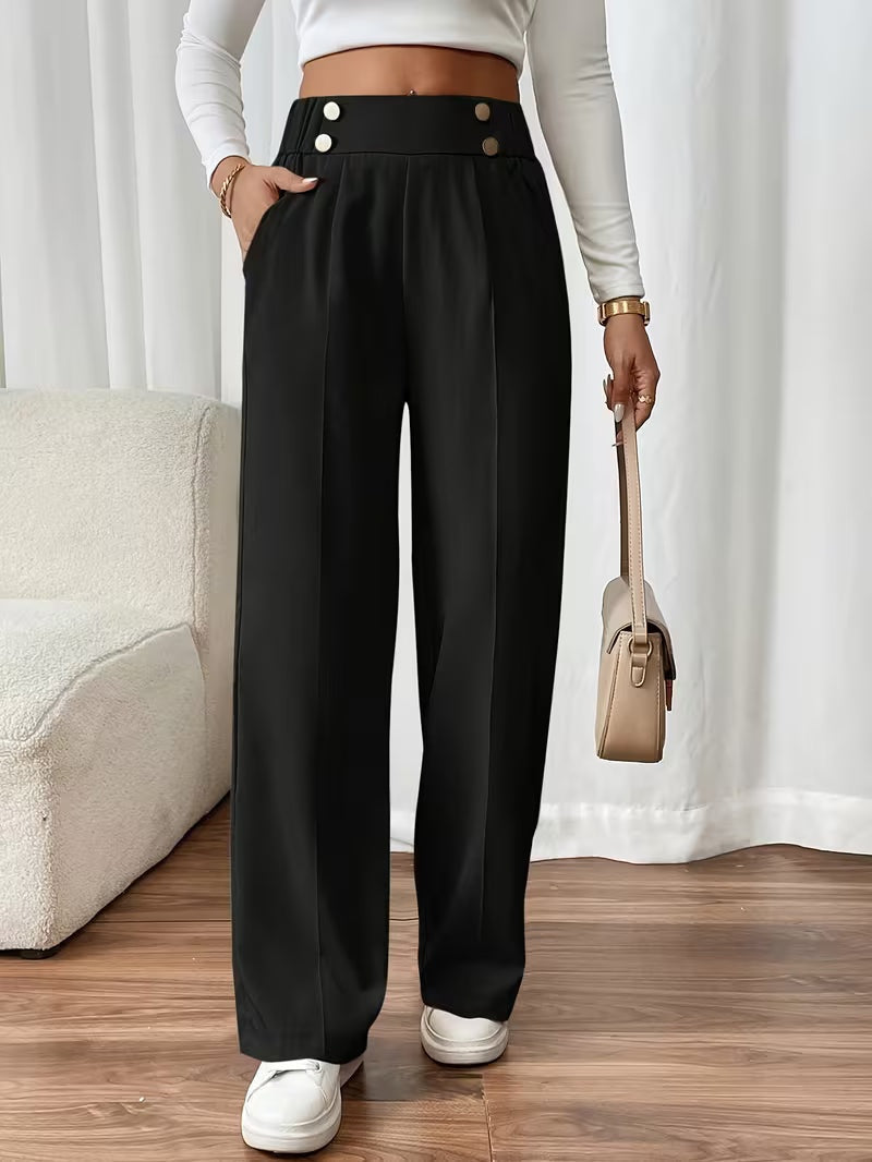 Tailored Trousers Women High Waist Button Detail Straight Leg