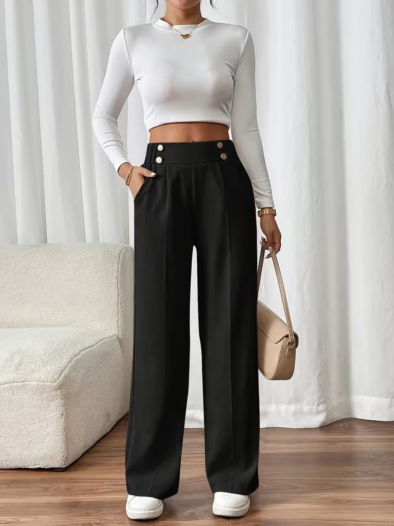 Tailored Trousers Women High Waist Button Detail Straight Leg
