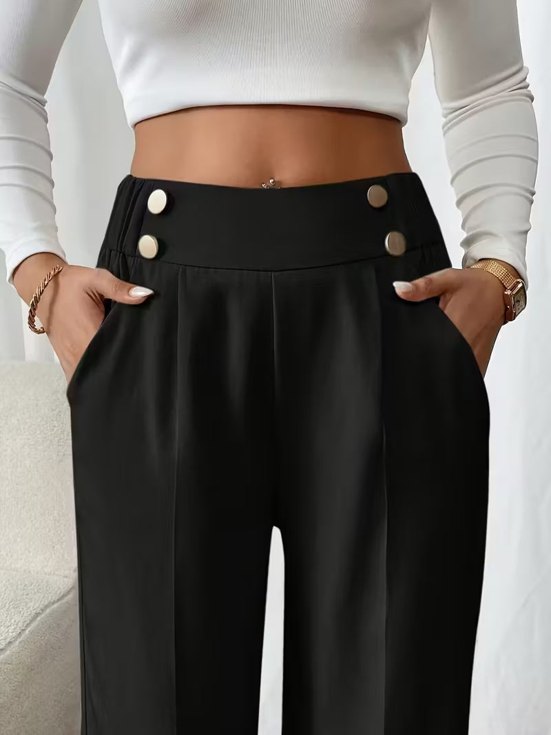 Tailored Trousers Women High Waist Button Detail Straight Leg