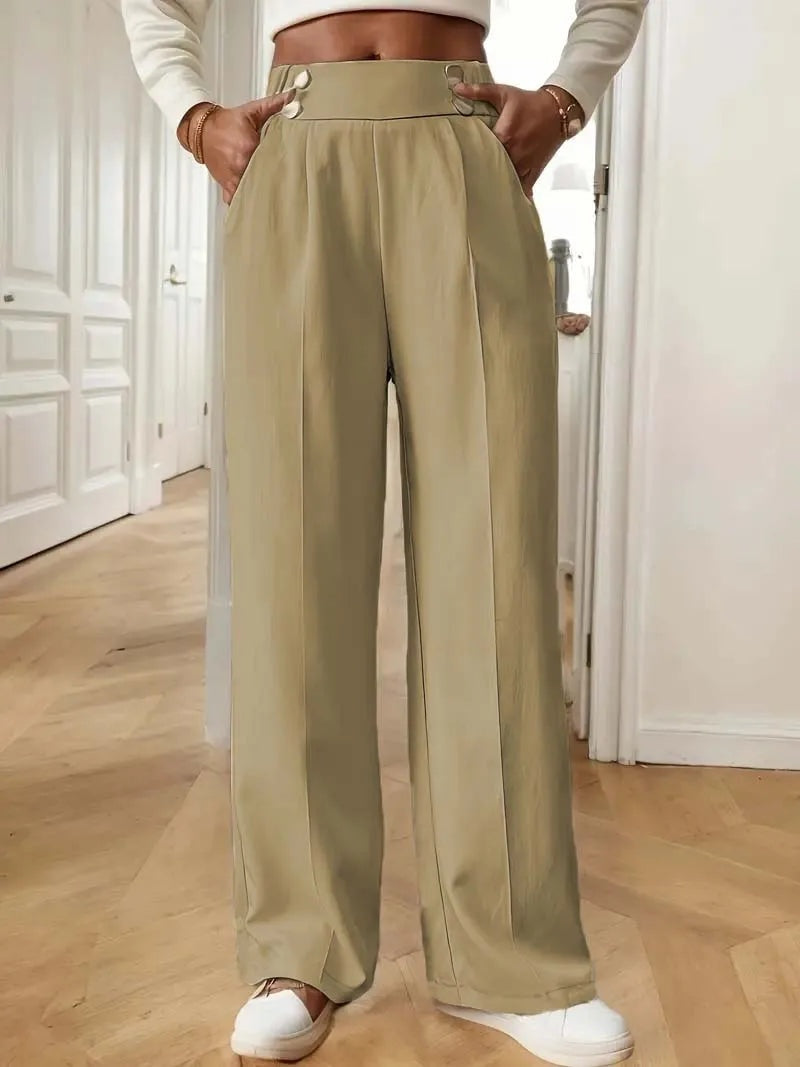 Tailored Trousers Women High Waist Button Detail Straight Leg