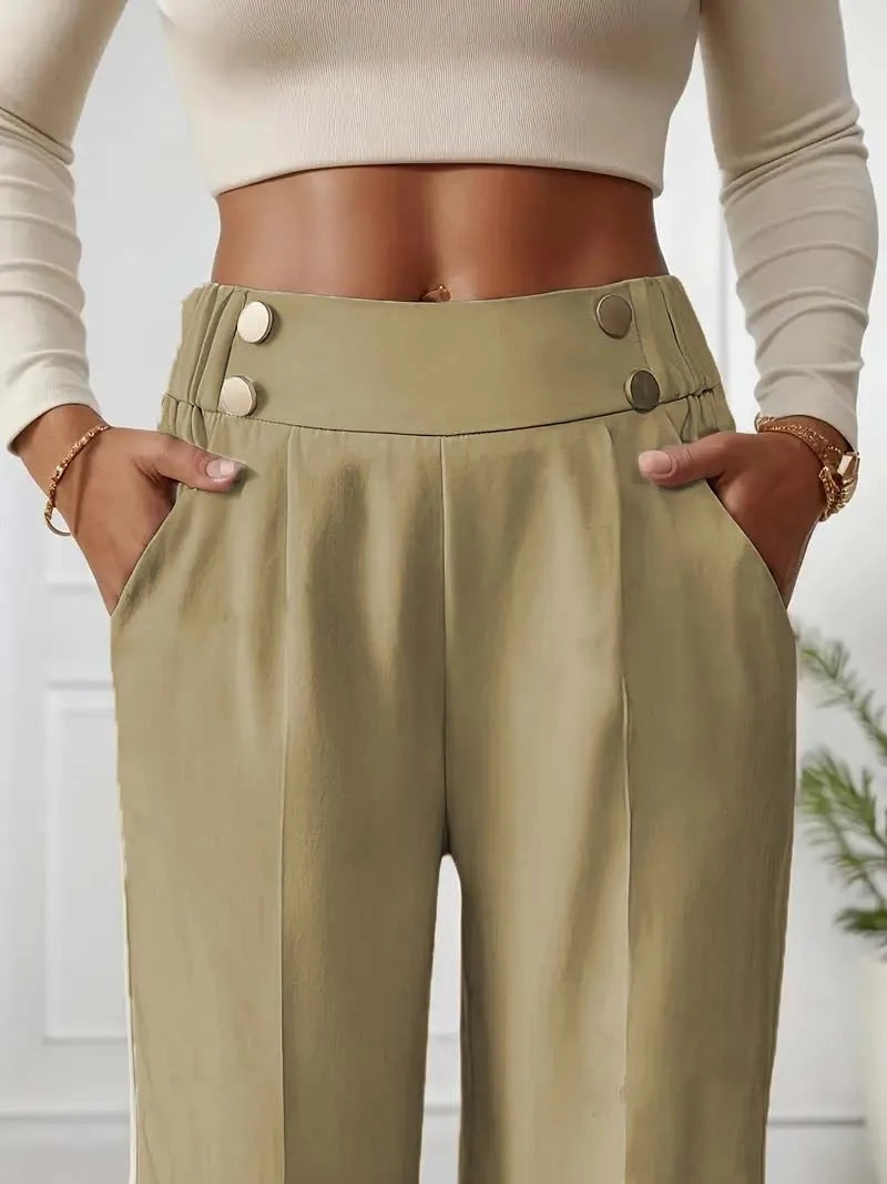 Tailored Trousers Women High Waist Button Detail Straight Leg