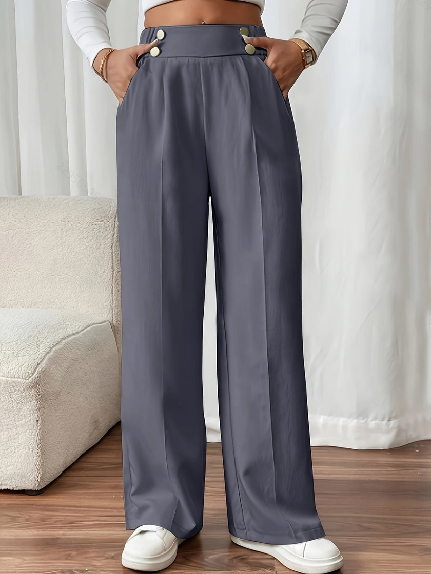 Tailored Trousers Women High Waist Button Detail Straight Leg