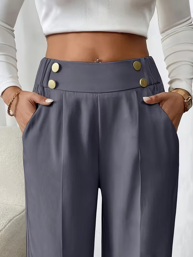 Tailored Trousers Women High Waist Button Detail Straight Leg