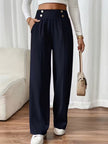 Tailored Trousers Women High Waist Button Detail Straight Leg