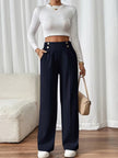 Tailored Trousers Women High Waist Button Detail Straight Leg