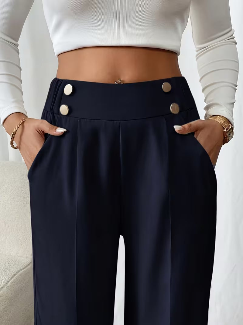 Tailored Trousers Women High Waist Button Detail Straight Leg